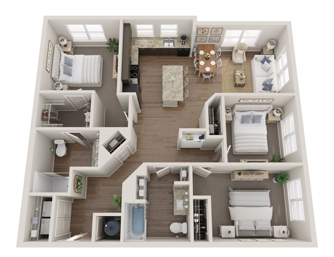 Floor Plan For Three Bedroom 1197 SQ. FT 